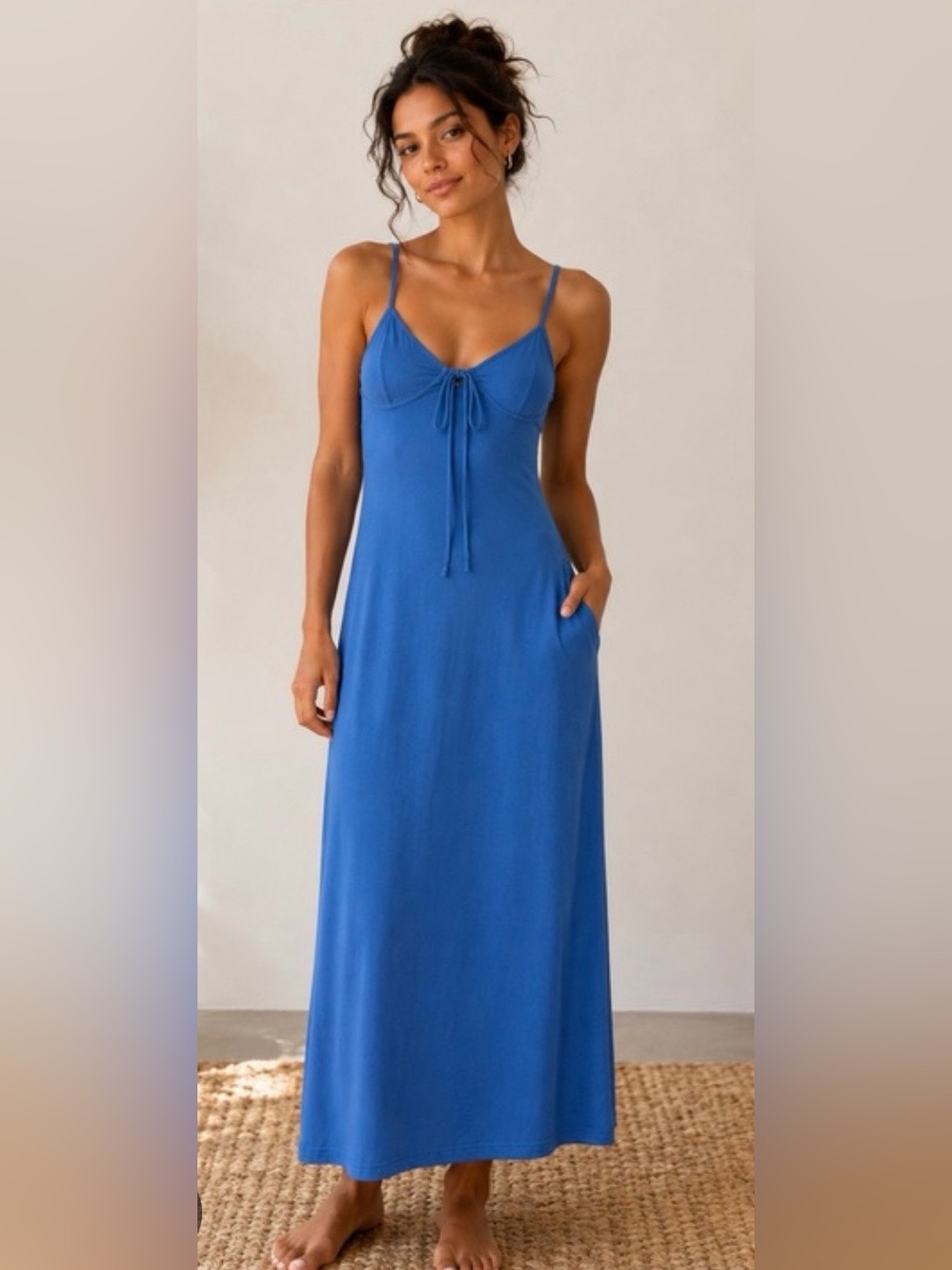 Zara Women’s Blue Front Tie Slip Midi Dress L Stretchy Vacation Romantic